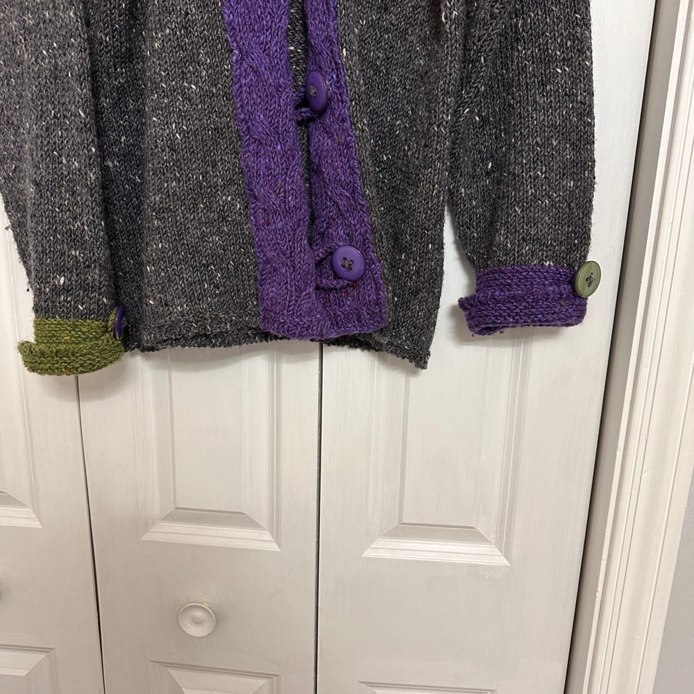 Aran Crafts Gray Cardigan with Purple Trim - Picture 6 of 12